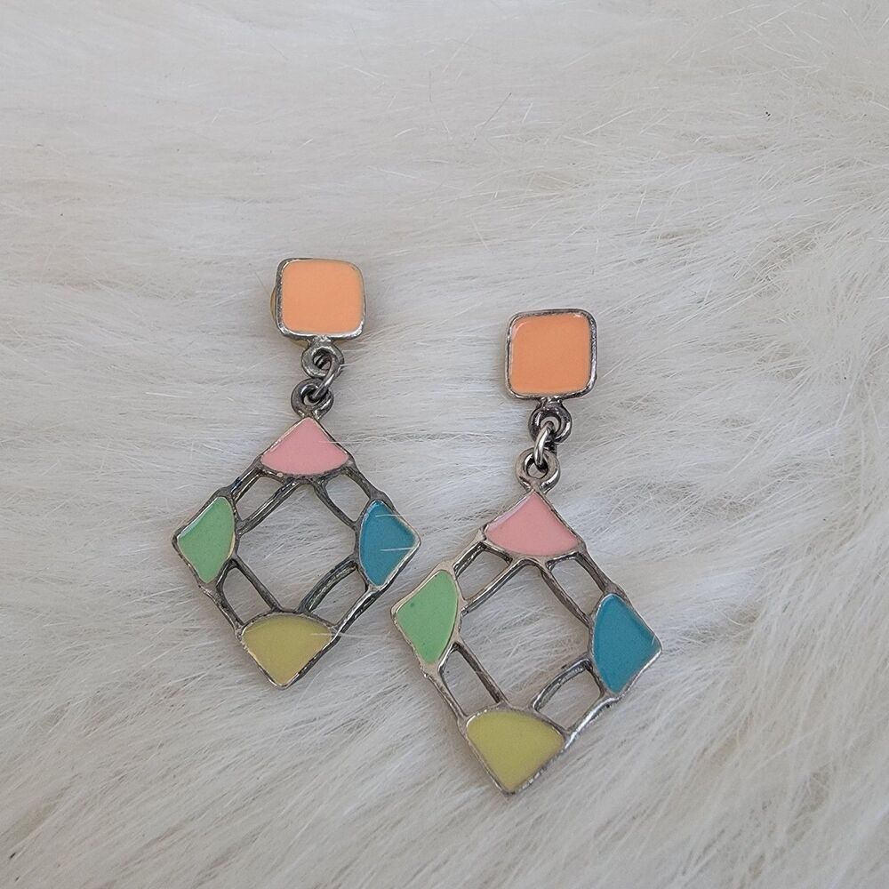 enameled multi colored dangle drop post earrings